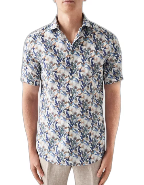 Men's Contemporary Fit Palm Print Linen Short-Sleeve Shirt