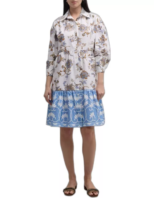 Floral-Print Blouson-Sleeve Midi Shirtdres
