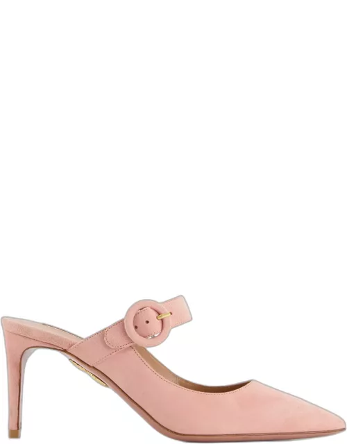 Aquazzura Light Pink Suede Mules with Buckle Strap