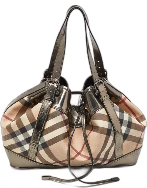 Burberry Metallic/Beige Nova Check Coated Canvas and Patent Leather Beaton Drawstring Bag