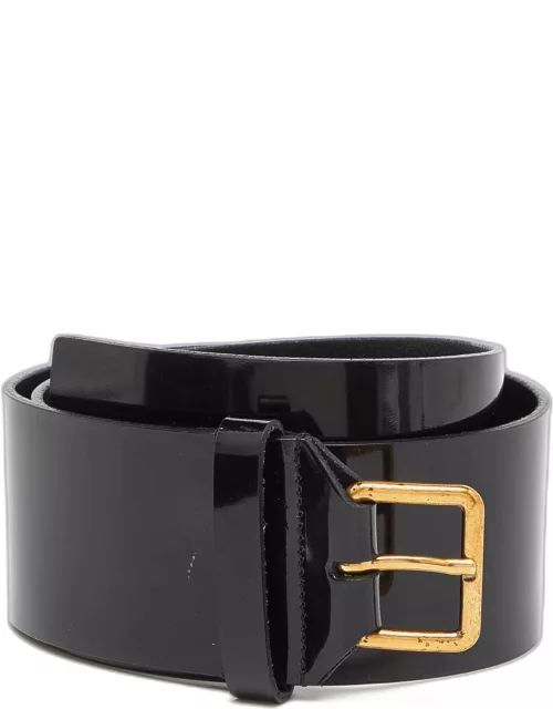 Yves Saint Laurent Black Glossy Leather Buckle Wide Belt 80C