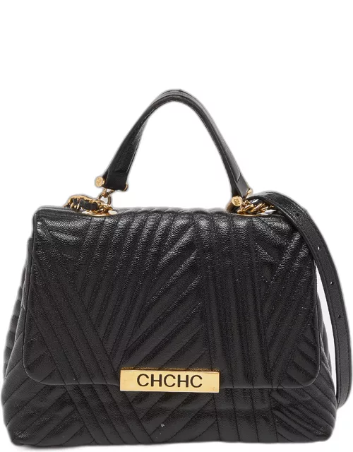 Carolina Herrera Black Matelassé Leather Bimba Flap Top Handle Bag