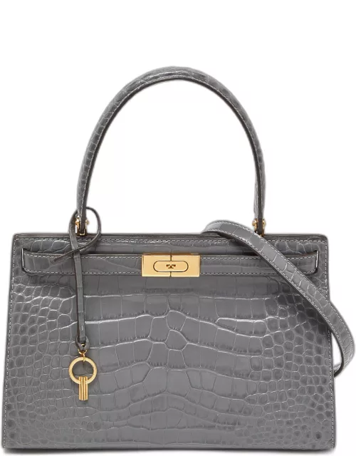 Tory Burch Grey Croc Embossed Leather Small Lee Radziwill Top Handle Bag