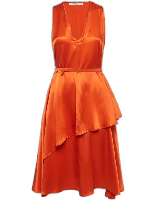 Givenchy Orange Satin Belted Sleeveless Layer Dress