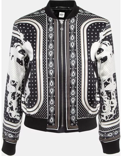 Hermès Black Print Silk Satin Zip Front Biker Jacket