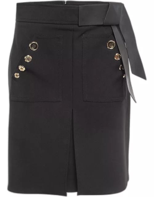 Elisabetta Franchi Black Leather Trim Stretch Crepe Button Detail Mini Skirt
