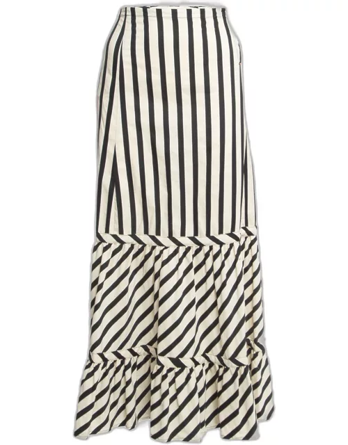 Sportmax Cream/Black Striped Cotton Blend Ruffled Maxi Skirt