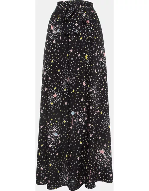 Boutique Moschino Black Stars Print Silk Blend Tie-Up Waist Maxi Skirt