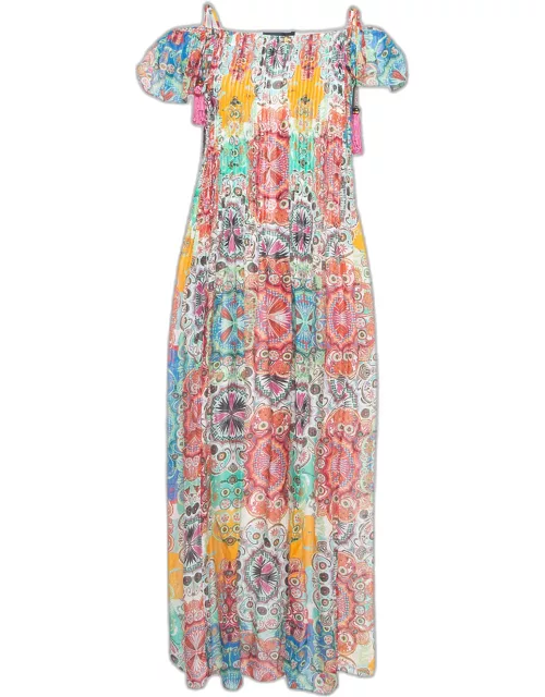 Class by Roberto Cavalli Multicolor Printed Silk Pleated Flutter Sleeve Maxi Dress