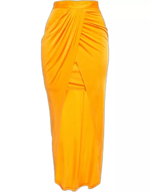 Balmain Orange Jersey High Slit Draped Maxi Skirt