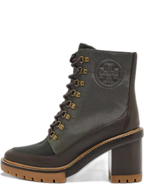 Tory Burch Brown/Green Leather and Nylon Miller Ankle Boot