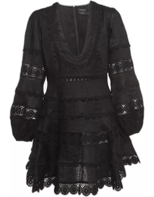 Zimmermann X Barneys Black Lace Trim Linen Tiered Mini Dress