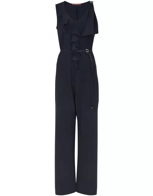 High Descend Ruffled Stretch-jersey Jumpsuit - Navy