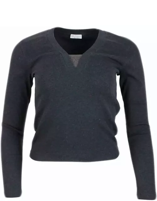 Brunello Cucinelli Long-sleeved V-neck T-shirt In Ribbed Stretch Cotton With Monili Triangle On The Neckline