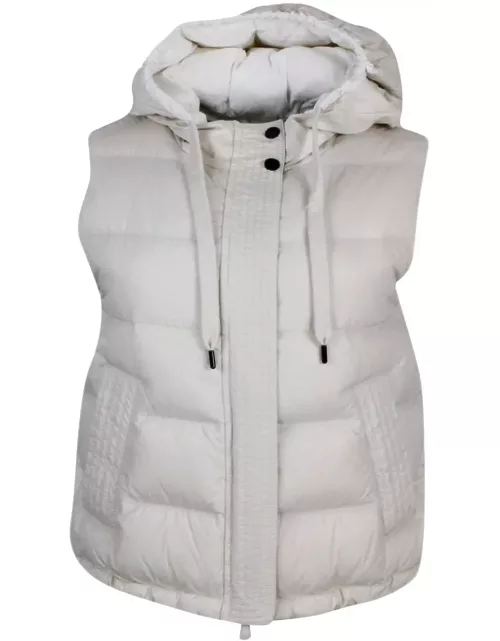 Brunello Cucinelli Sleeveless Down Jacket In Lightweight Nylon With Hood And Rows Of Brilliant Jewels Along The Closure