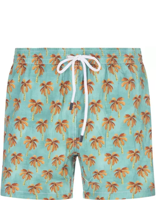 Barba Napoli Aquamarine Swim Shorts With Palm Pattern