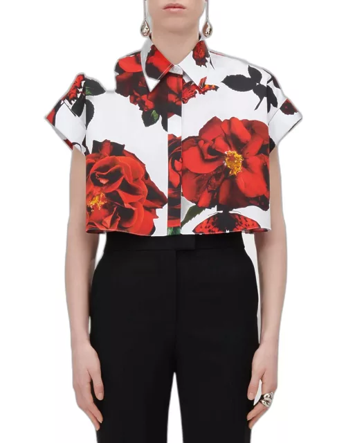Floral-Print Short-Sleeve Crop Collared Shirt