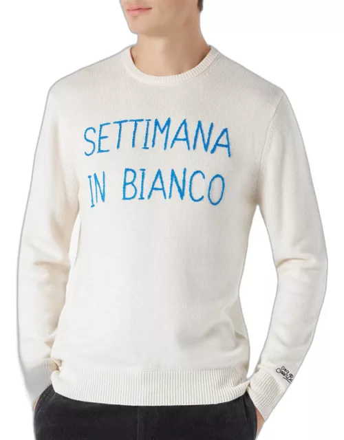 MC2 Saint Barth Man White Sweater With Settimana In Bianco Embroidery