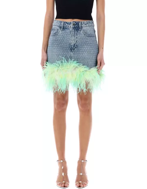 self-portrait Rhinstone Feather Denim Mini Skirt