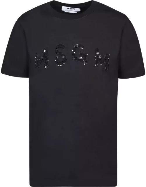 MSGM Sequin-covered Logo Black T-shirt