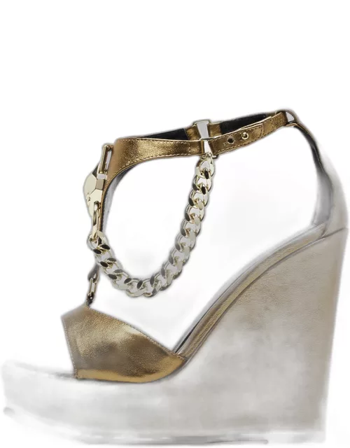 Just Cavalli Metallic Gold Leather Wedge Ankle Strap Sandal