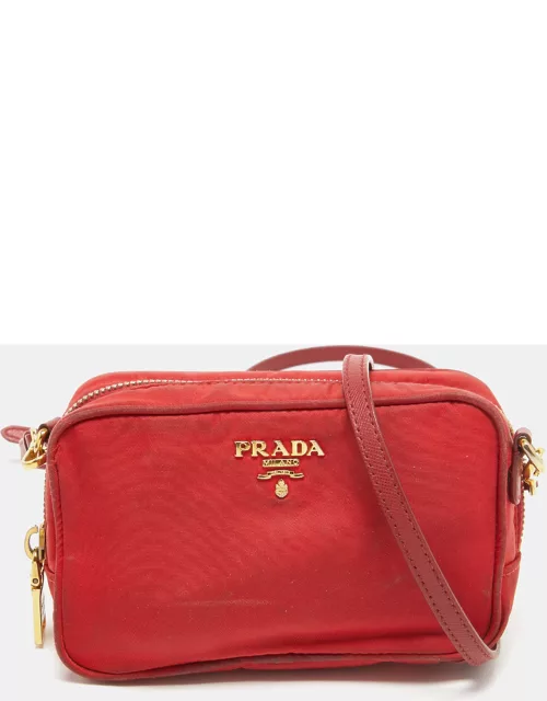 Prada Red Nylon and Saffiano Leather Mini Crossbody Bag