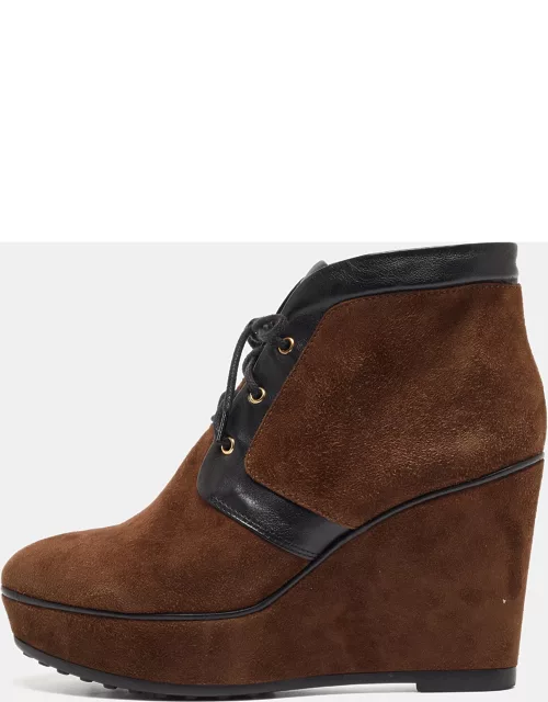 Tod's Brown/Black Suede and Leather Wedge Oxford Boot