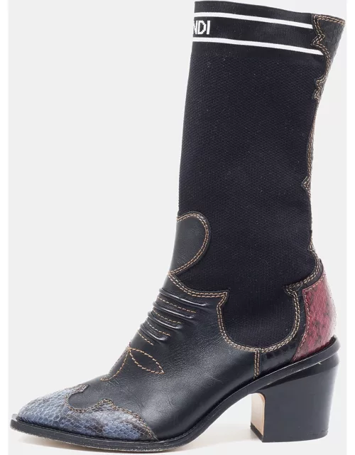 Fendi Black Leather and Snakeskin Patchwork Cowboy Mid Calf Boot