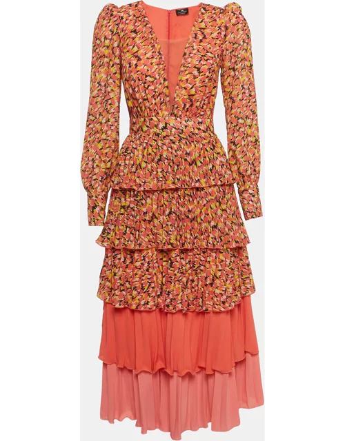 Elisabetta Franchi Orange Abstract Print Crepe Tiered Midi Dress