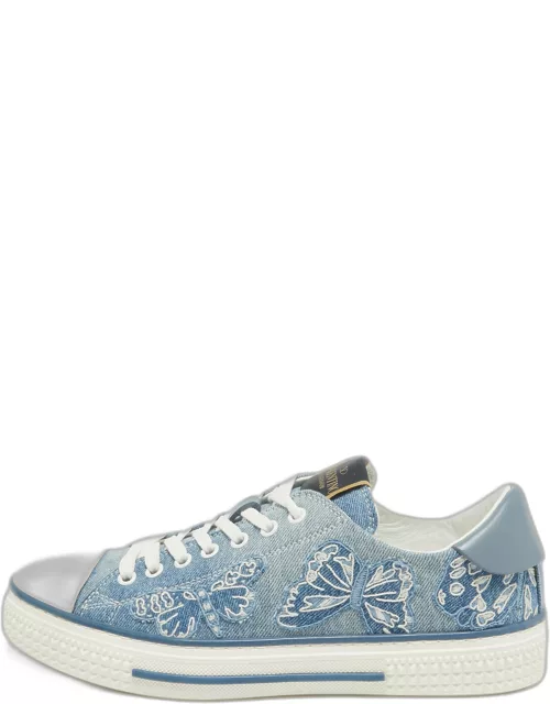 Valentino Navy Blue/White Denim and Leather Butterfly Low Top Sneaker