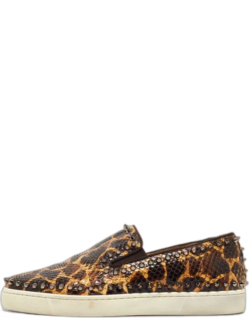 Christian Louboutin Brown/Beige Leopard Print Python Leather Spike Slip On Sneaker