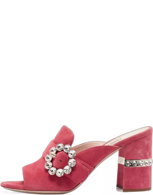 Miu Miu Pink Suede Crystal Embellished Block Heel Sandal