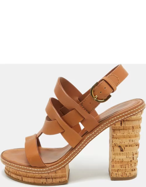 Sergio Rossi Brown Leather Cork Heel Ankle Strap Sandal