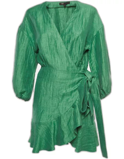 Maje Green Linen Ruffled Mini Wrap Dress