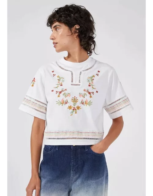 HAYLEY MENZIES Maya Embroidered Cropped T-Shirt - White