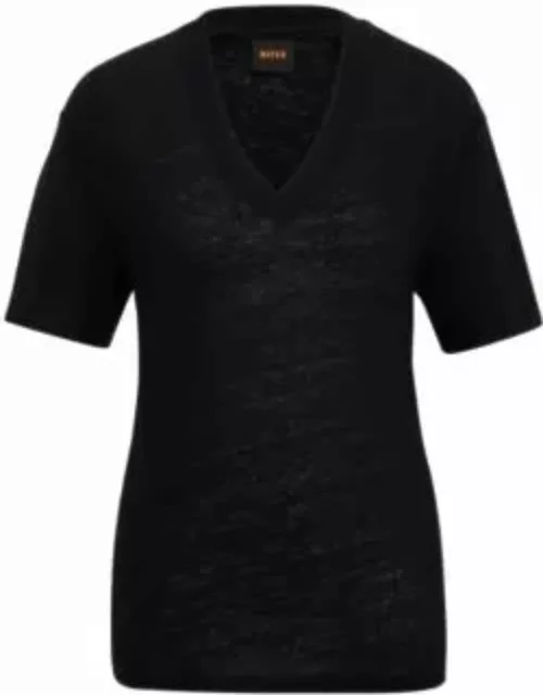 V-neck T-shirt in linen- Black Women's T-Shirt