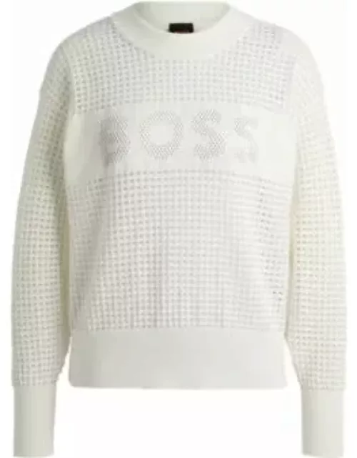 Open-knit sweater with logo detail- White Women's Sweater