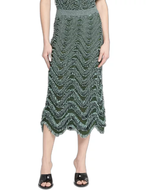 Fringed Waves Embroidered Midi Pull-On Skirt