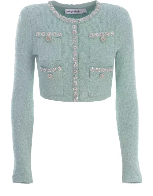 self-portrait Light Blue Crop Jacket With Jewel Buttons In Knit Woman