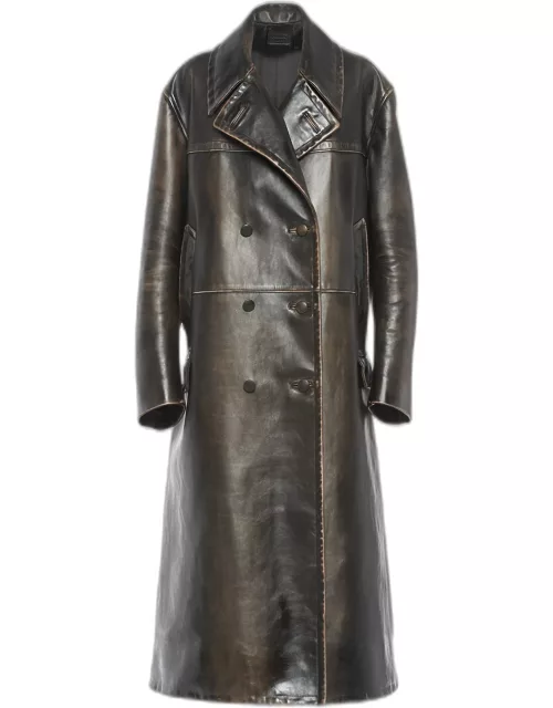 Long Vitello Old Leather Double-Breasted Jacket