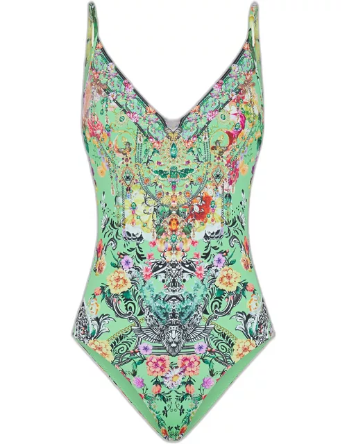 Porcelain Dream Crystal Wired V-Neck One-Piece Swimsuit