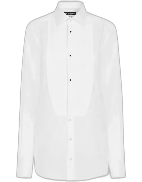 Popeline Button-Front Shirt with Pleated Bib