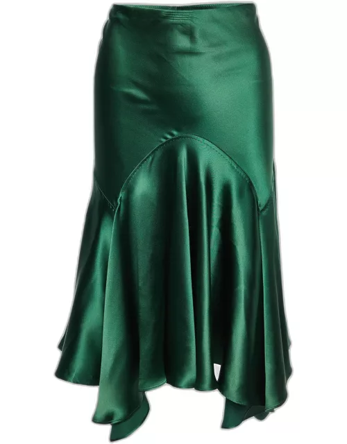 Roberto Cavalli Green Silk Satin Asymmetric Hem Skirt