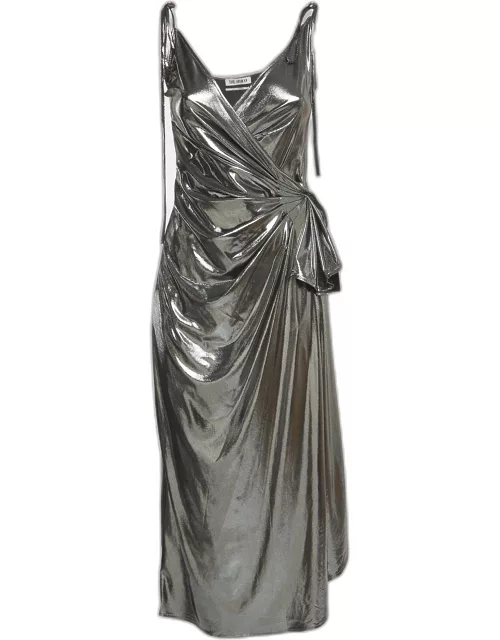 The Attico Metallic Silver Lamé Shoulder Strap Midi Wrap Dress
