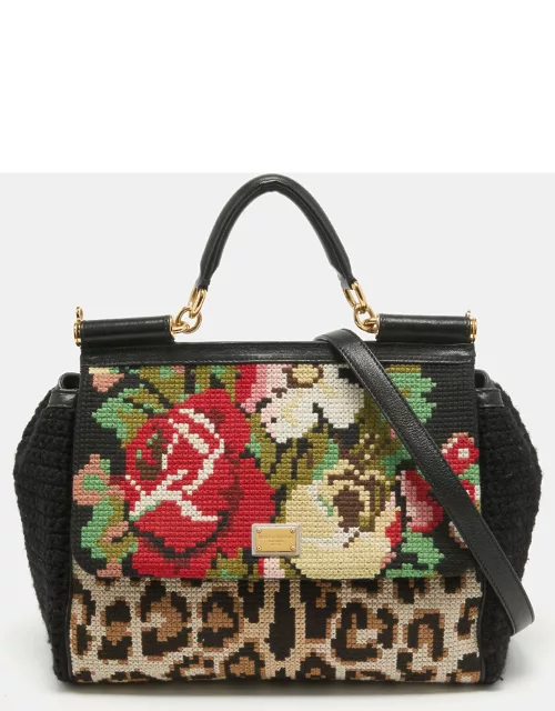 Dolce & Gabbana Multicolor Embroidered Crochet and Leather Large Miss Sicily Top Handle Bag