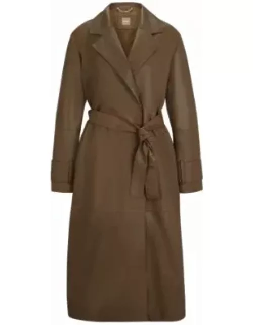 Longline belted coat in nappa leather- Light Brown Women's Casual Coat