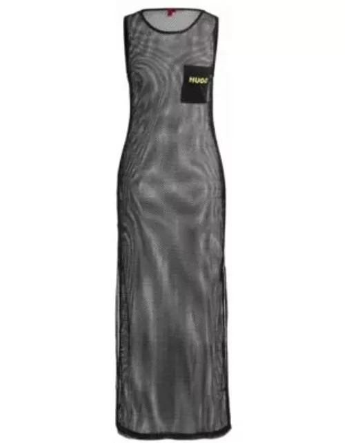 Sleeveless dress in net mesh with logo embroidery- Black Women's Dresse