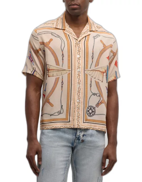 Men's Nautical-Print Silk Camp Shirt