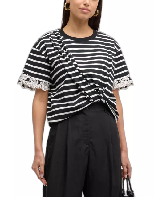 Striped Lace-Embroidered T-Shirt