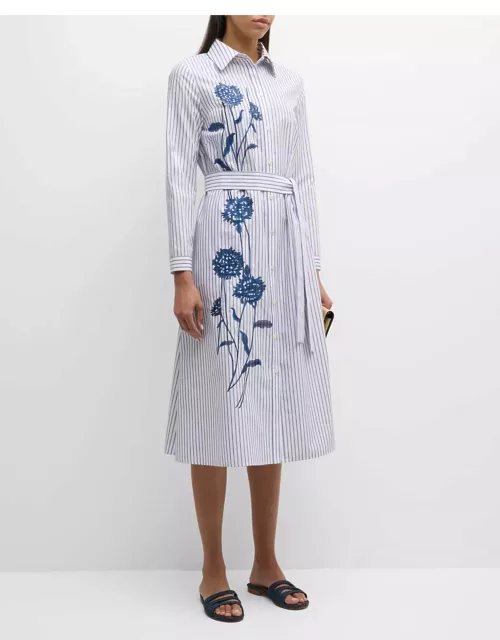 Striped Floral-Embroidered Midi Shirtdres